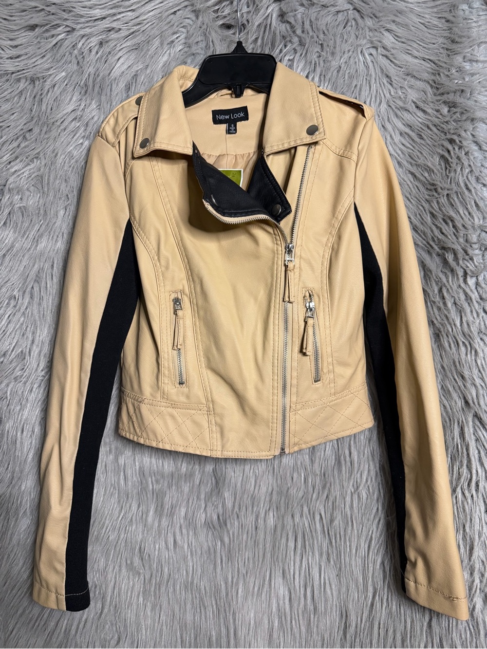 New Look Cream and Black Panel Moto Jacket